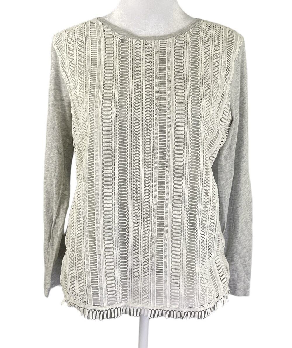 J Crew Women's M Lace Front Long Sleeve Tee Gray Heather Top Cotton Pullover